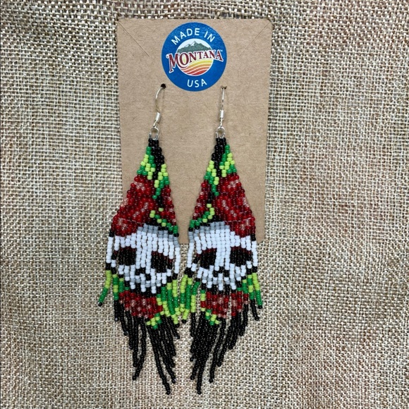 Beaded Fringe Earrings Skulls and Roses Handmade - Picture 3 of 5